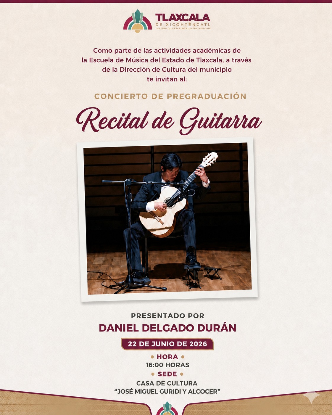 Invita Ayuntamiento de Tlaxcala al concierto de pregraduación del guitarrista Daniel Delgado este lunes